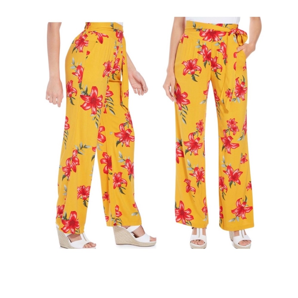 Guess Yellow Floral Wide Leg Flowy Pants With Belt for Summer.‎ Women's Small